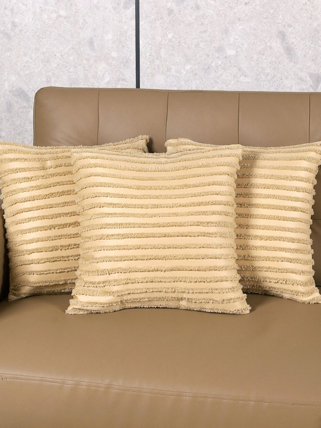 Saral Home Beige 3 Pieces Axis Striped Square Cushion Covers