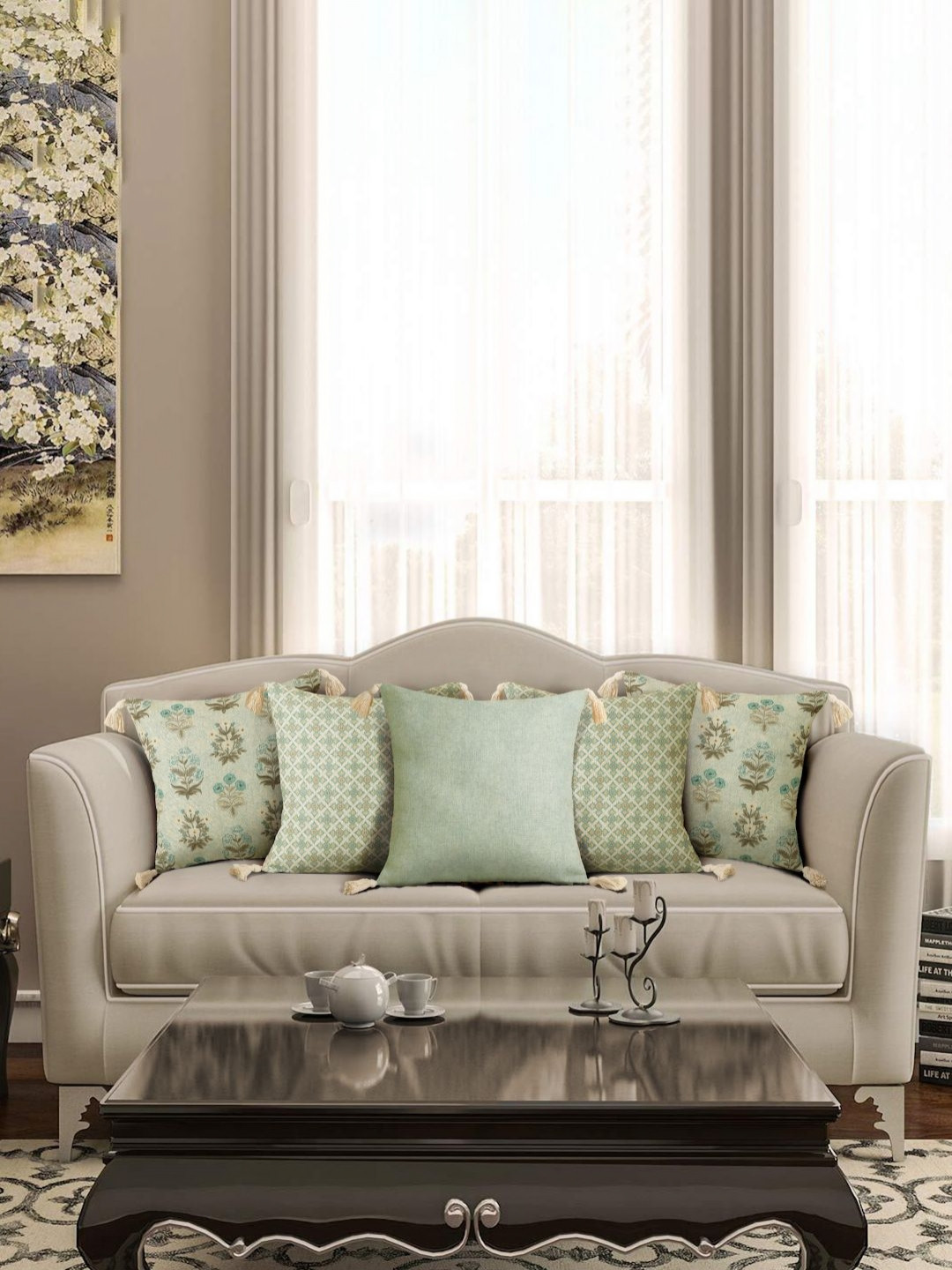 eyda Green & Beige 5 Pieces Bohemain Printed Cushion Covers