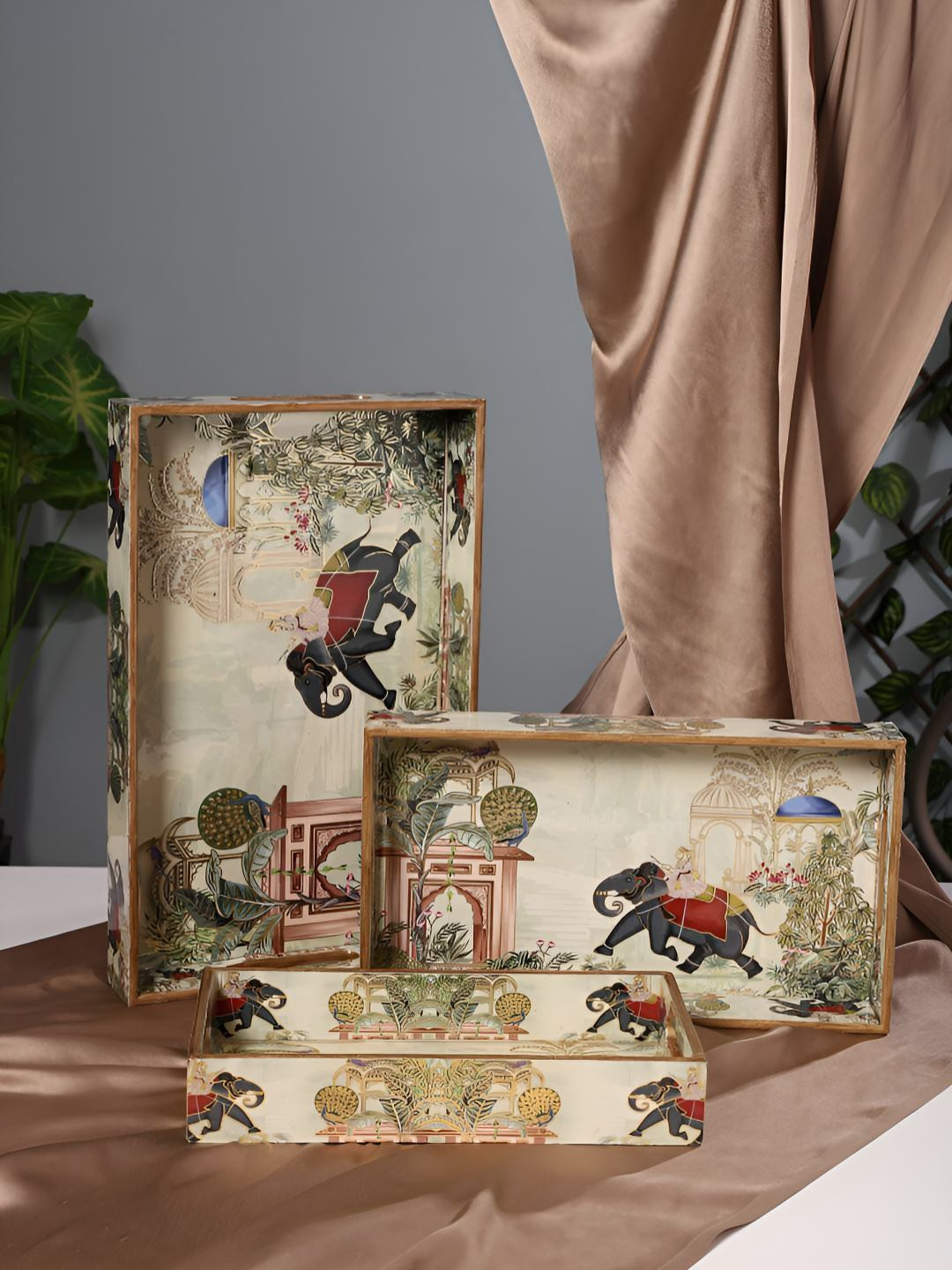 HomeShastra Royal Elephant Brown 3 Pieces Printed Wooden Easy To Clean Serving Trays