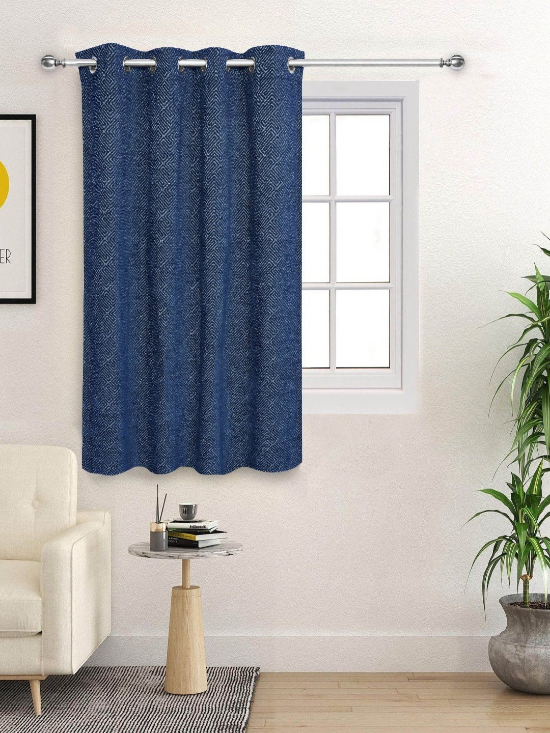 Saral Home Navy Blue & White Geometric Woven Design Black Out Window Curtain