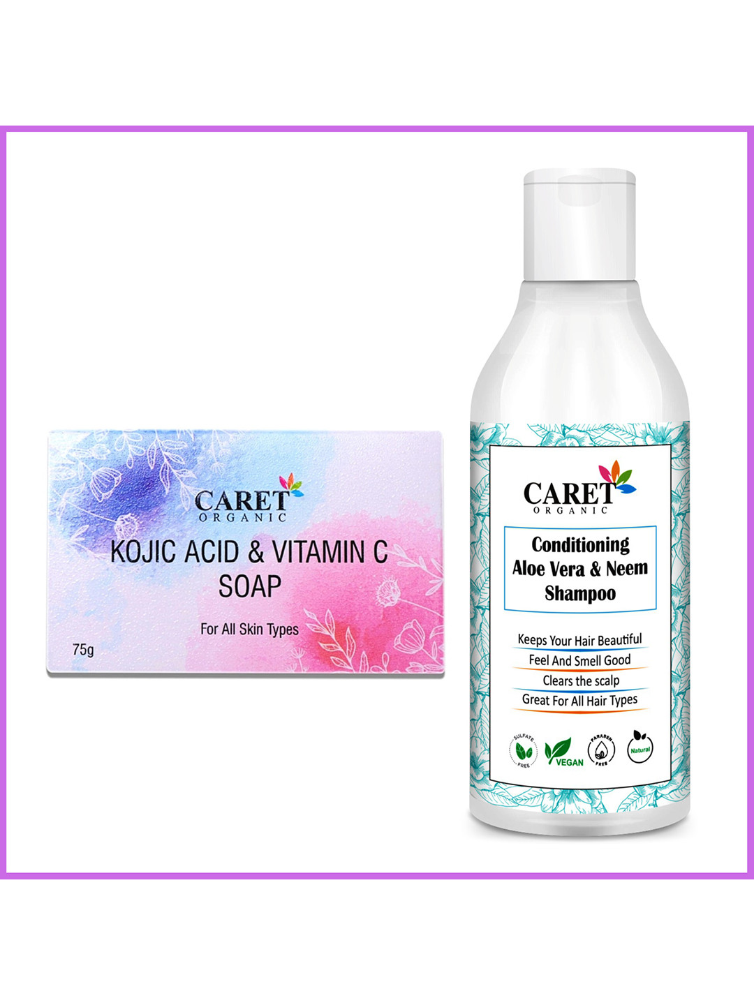 CARET ORGANIC Kojic Acid Vitamin C Soap-75g & Aloevera & Neem Shampoo Combo-200ml