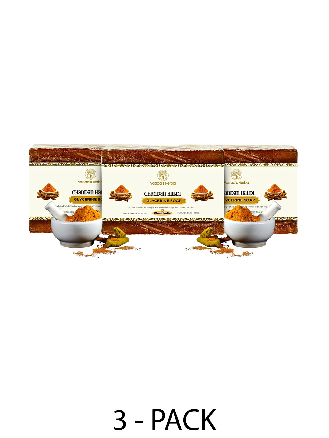 Vagads Set Of 3 Khadi India Chandan-Haldi Handmade Soaps - 375 g Each