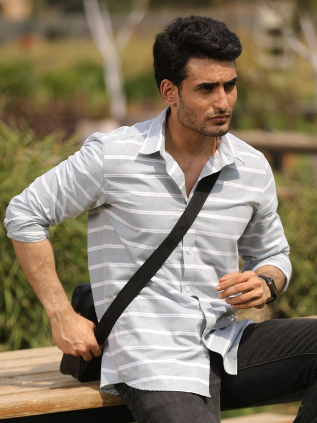 PERCH Men India Slim Spread Collar Horizontal Striped Cotton Casual Shirt