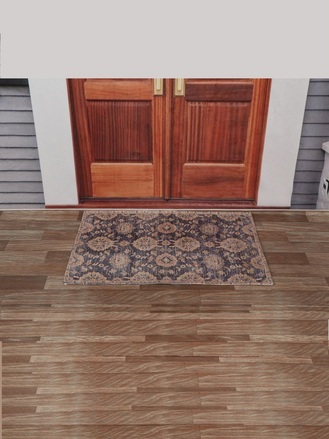 BELLA TRUE Dark-Blue & Beige Floral Printed Rectangular Anti-Skid Doormats