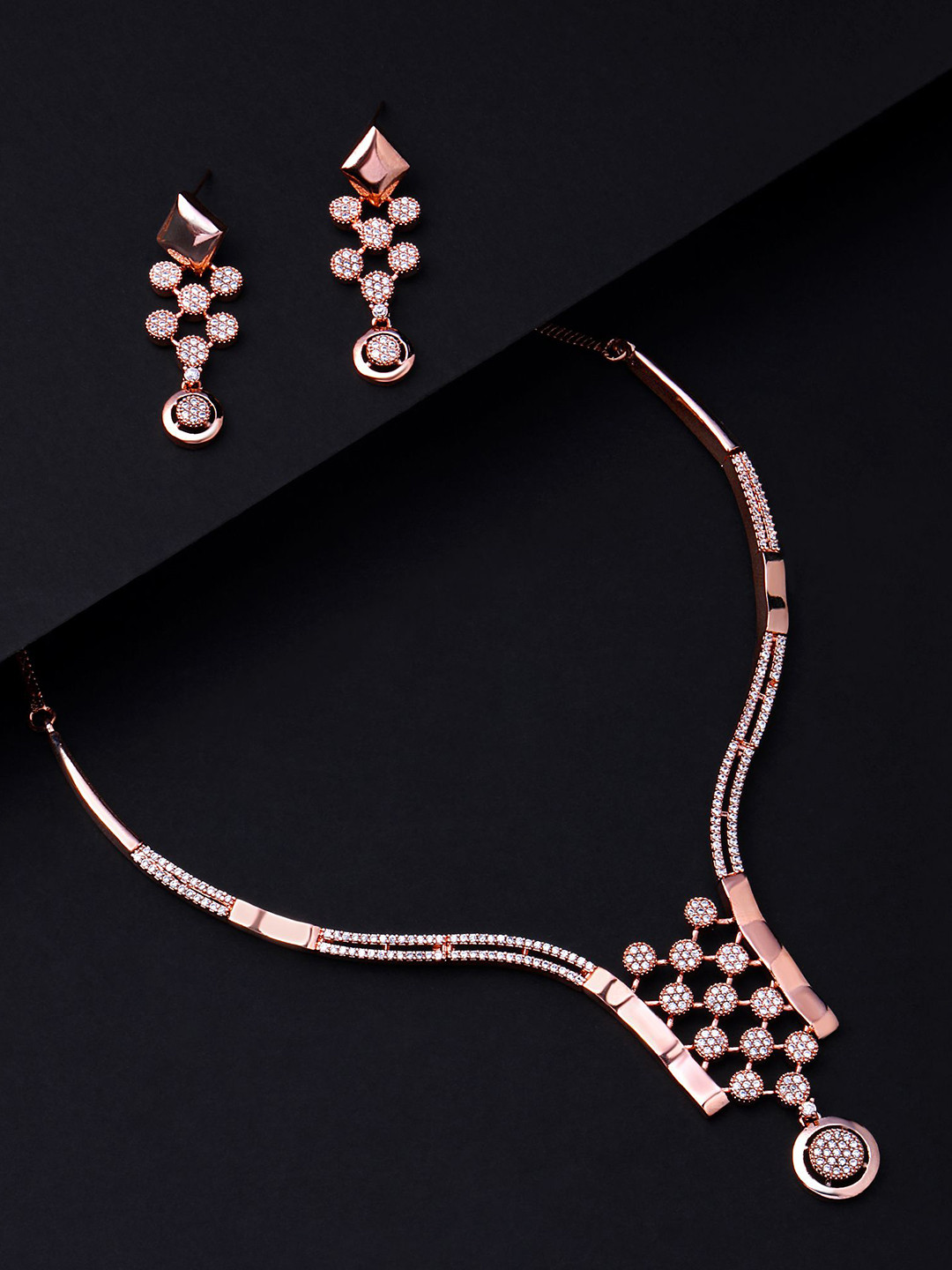 Cierra Rose Gold Plated Round Shape AD Stone Studded Round Shape Necklace & Earrings
