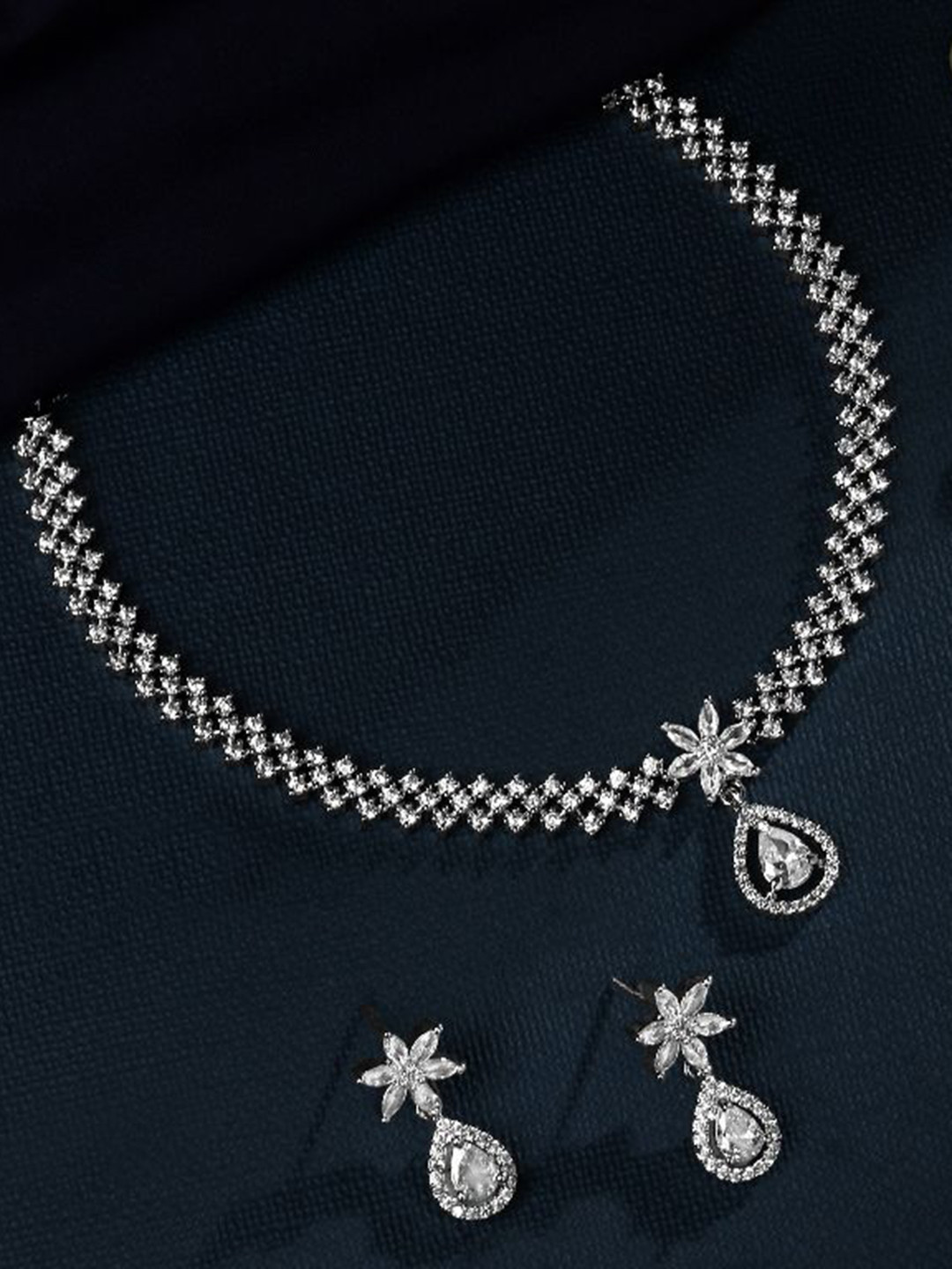 Cierra Silver-Plated AD- Studded Oval & Flower Design Necklace & Earrings