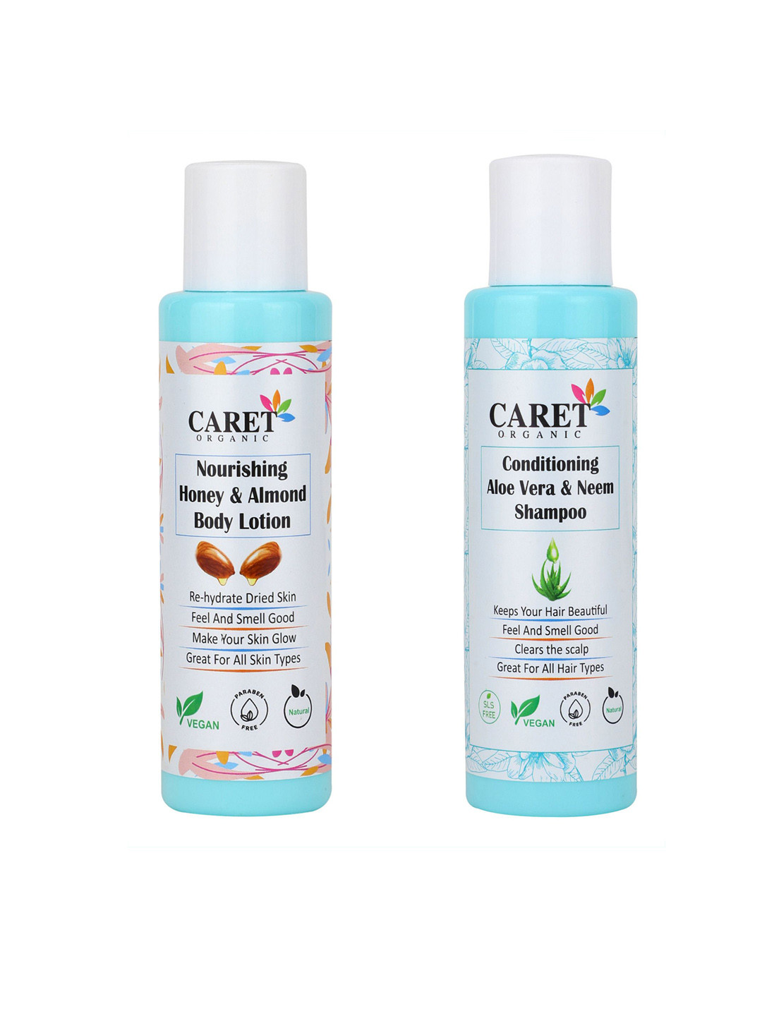 CARET ORGANIC Aloevera & Neem Shampoo & Nourishing Honey & Almond Body Lotion-100ml Each