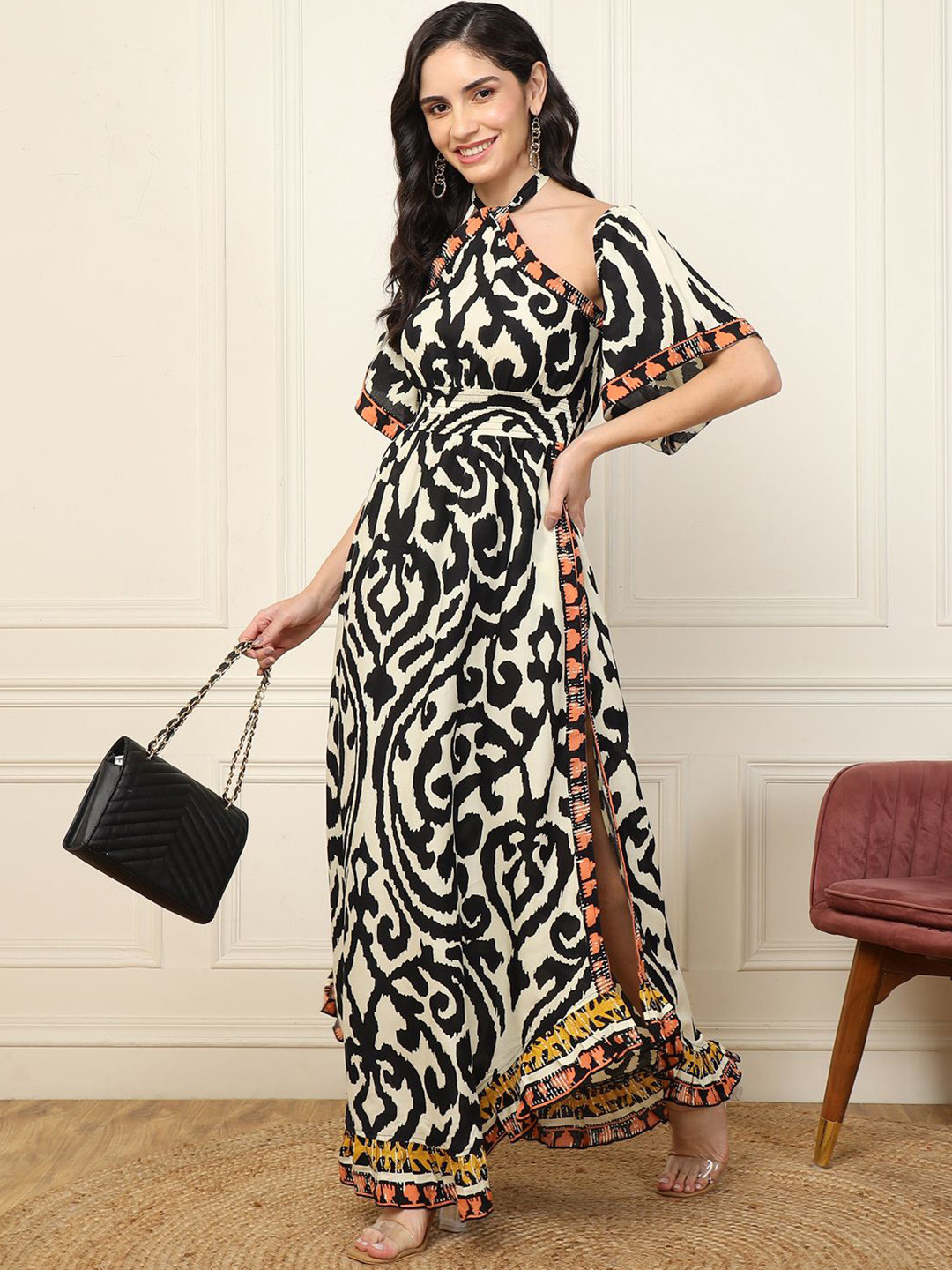 DEEBACO Printed Halter Neck Bell Sleeve Fit & Flare Maxi Dress