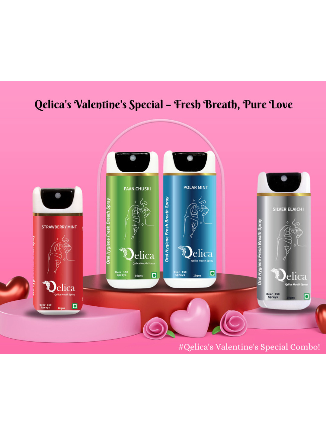 Qelica Set Of 4 Strawberry Paan Chuski Silver Elachi Polar Mint Spray-10g Each