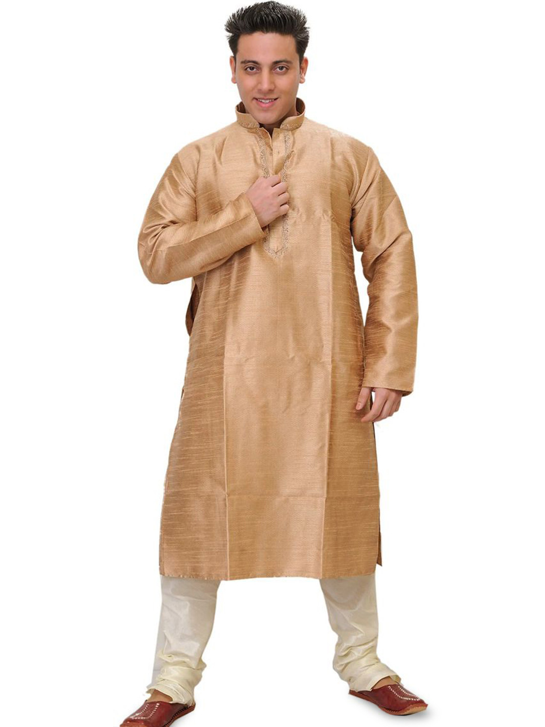 Exotic India Rugby Tan Plain Kurta Pajama Set with Zigzag Weave and Embroidered Neck