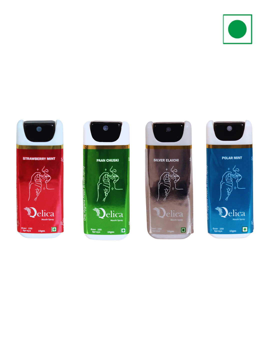 Qelica Set Of 4 Strawberry Mint Paan Chuski Silver Elachi Polar Mint Spray-10g Each