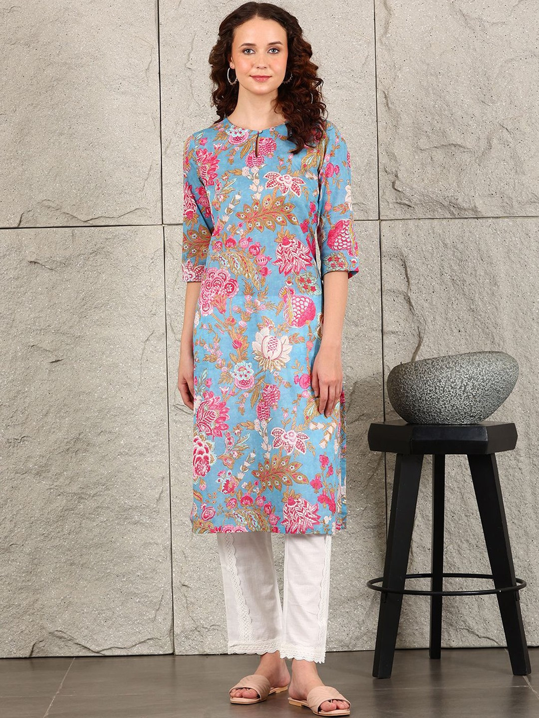 W Women Floral Printed Flared Sleeves Sequinned Kurta