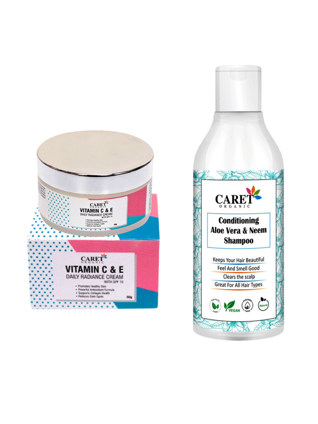 CARET ORGANIC Neem Shampoo-200ml & Vitamin C Nourishing Cream Combo-50g