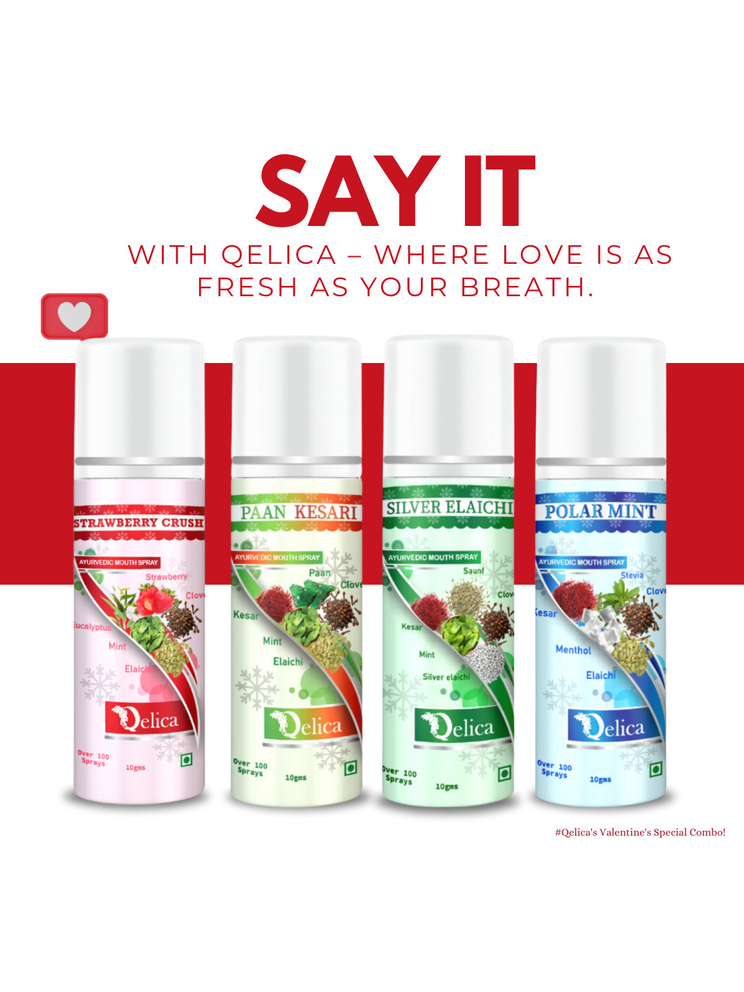 Qelica Set Of 4 Strawberry Mint Silver Elachi Polar Mint Paan Kesari Fresh Spray-10g Each