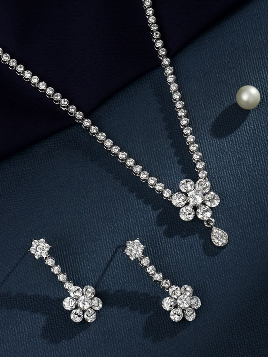 Cierra Silver-Plated AD Stone Studded Flower Design Necklace & Earrings