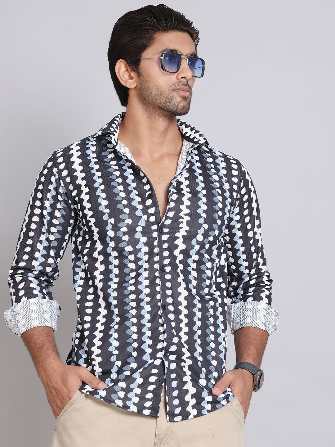 Indian Needle Men Classic Spread Collar Abstract Printed Cotton Casual Shirt