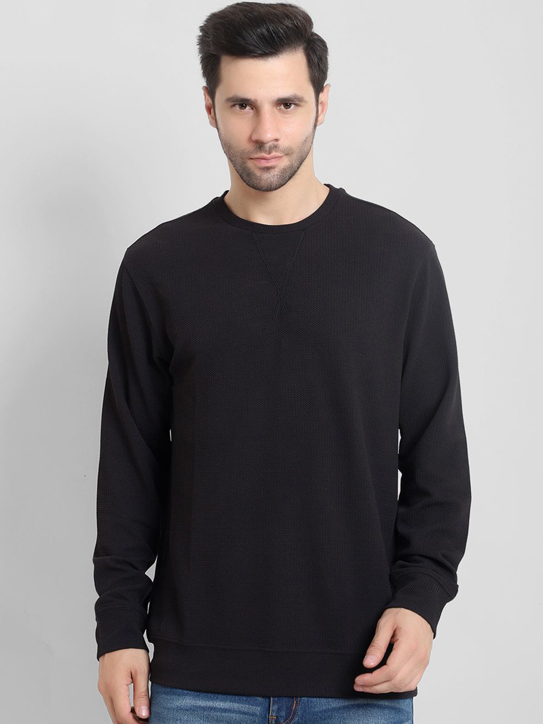 Canjuice Men Solid Round Neck Pullover Sweatshirt