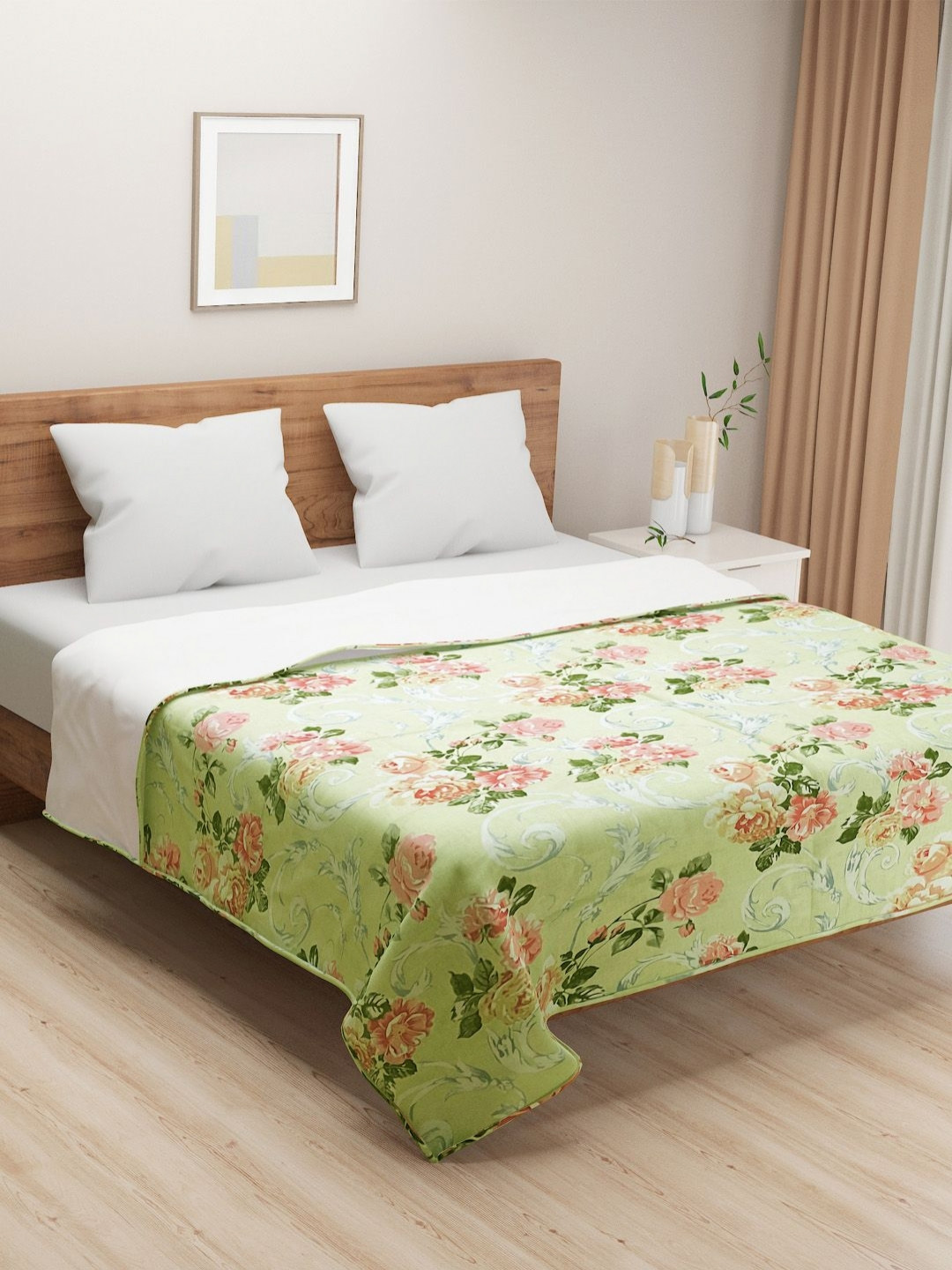 SWAYAM Veda Green & White Floral AC Room 150 GSM Pure Cotton Double Bed Comforter