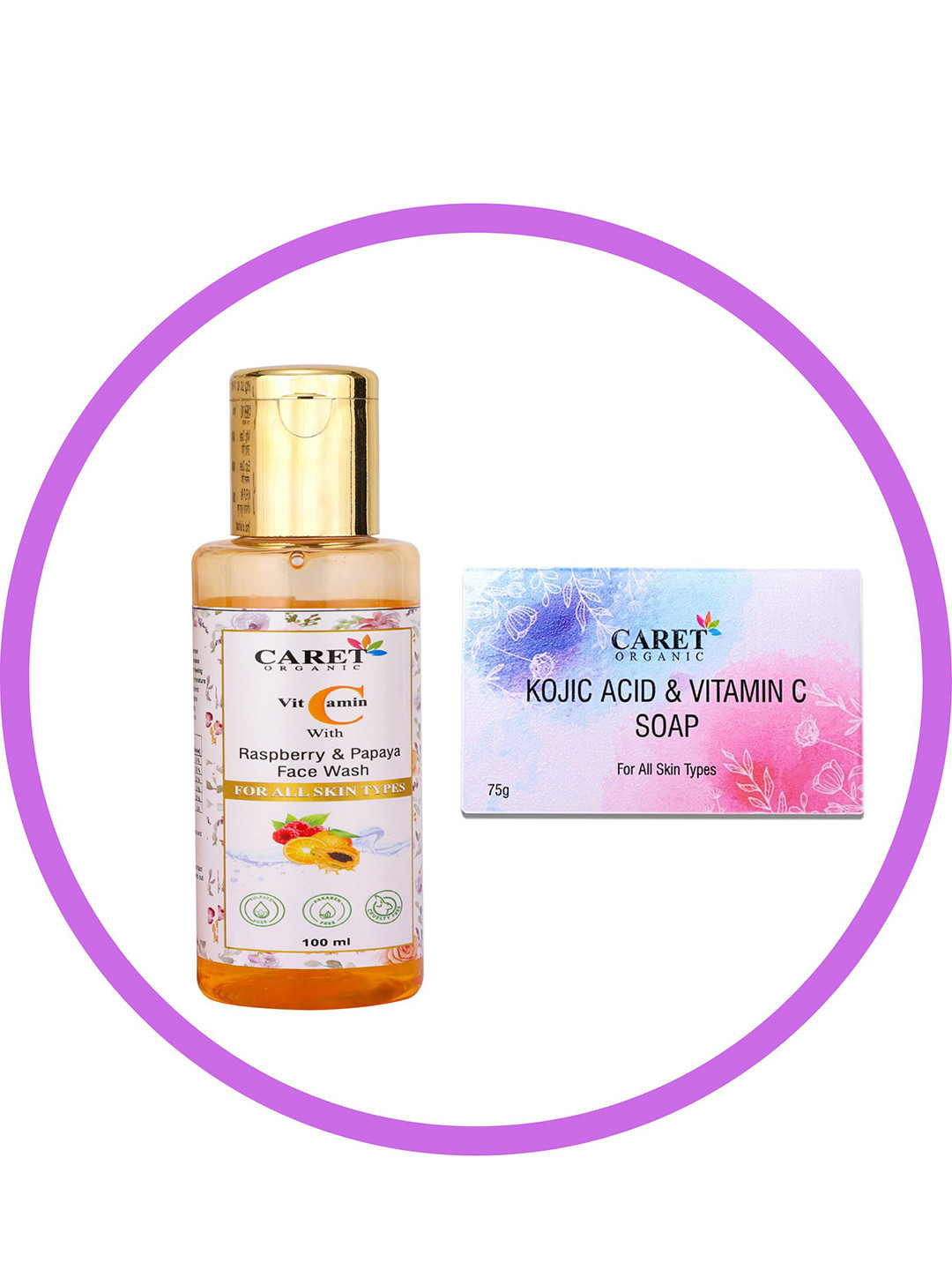 CARET ORGANIC Set Of 2 Raspberry & Papaya Face Wash & Kojic Acid Vitamin C Soap