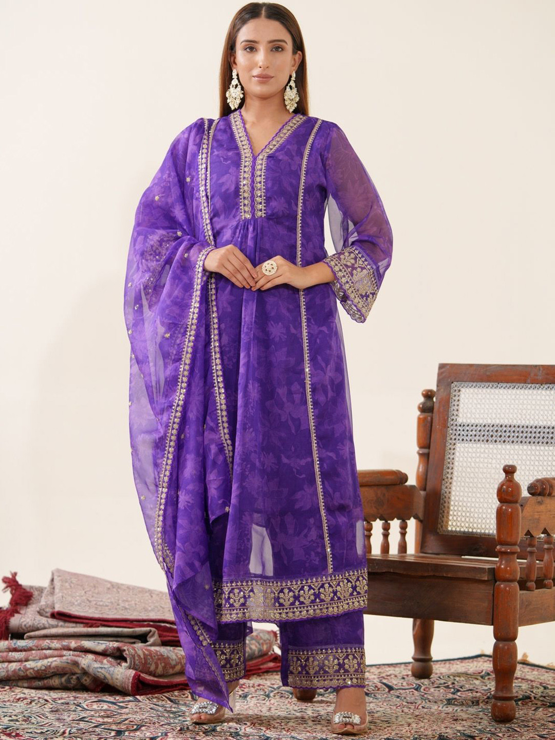 House of Pataudi Floral Embroidered V-Neck Organza A-Line Kurta With Trousers & Dupatta