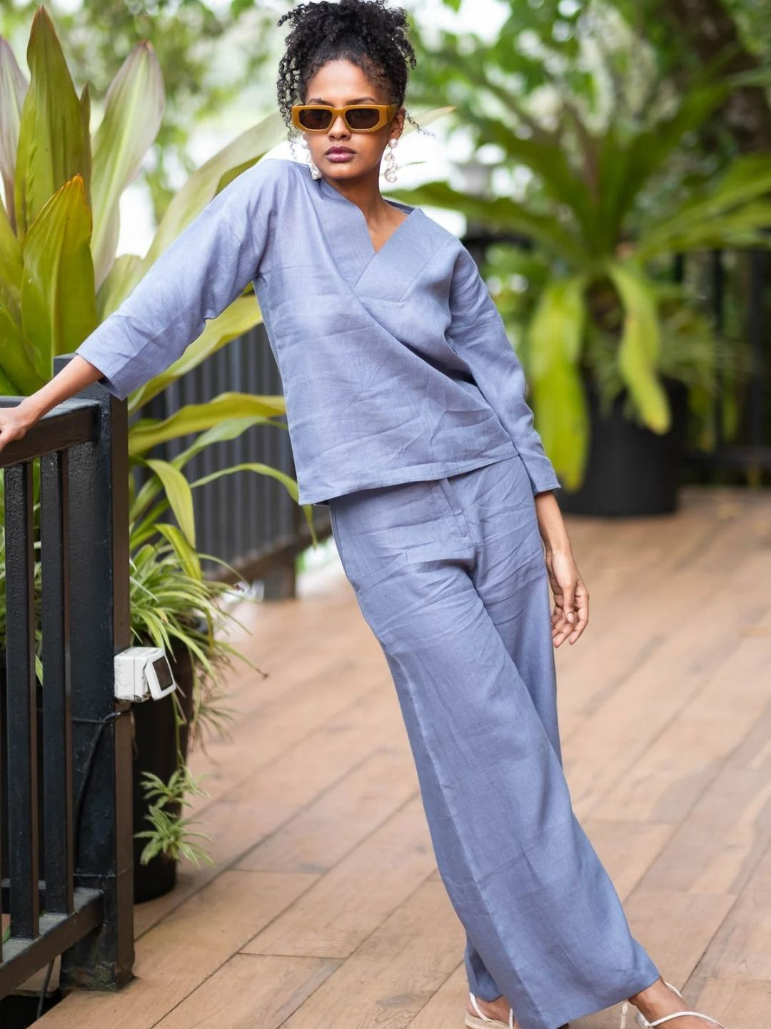 Creatures of Habit Women Linen Co-ord Set with V Neck Top and Wide Leg Pants