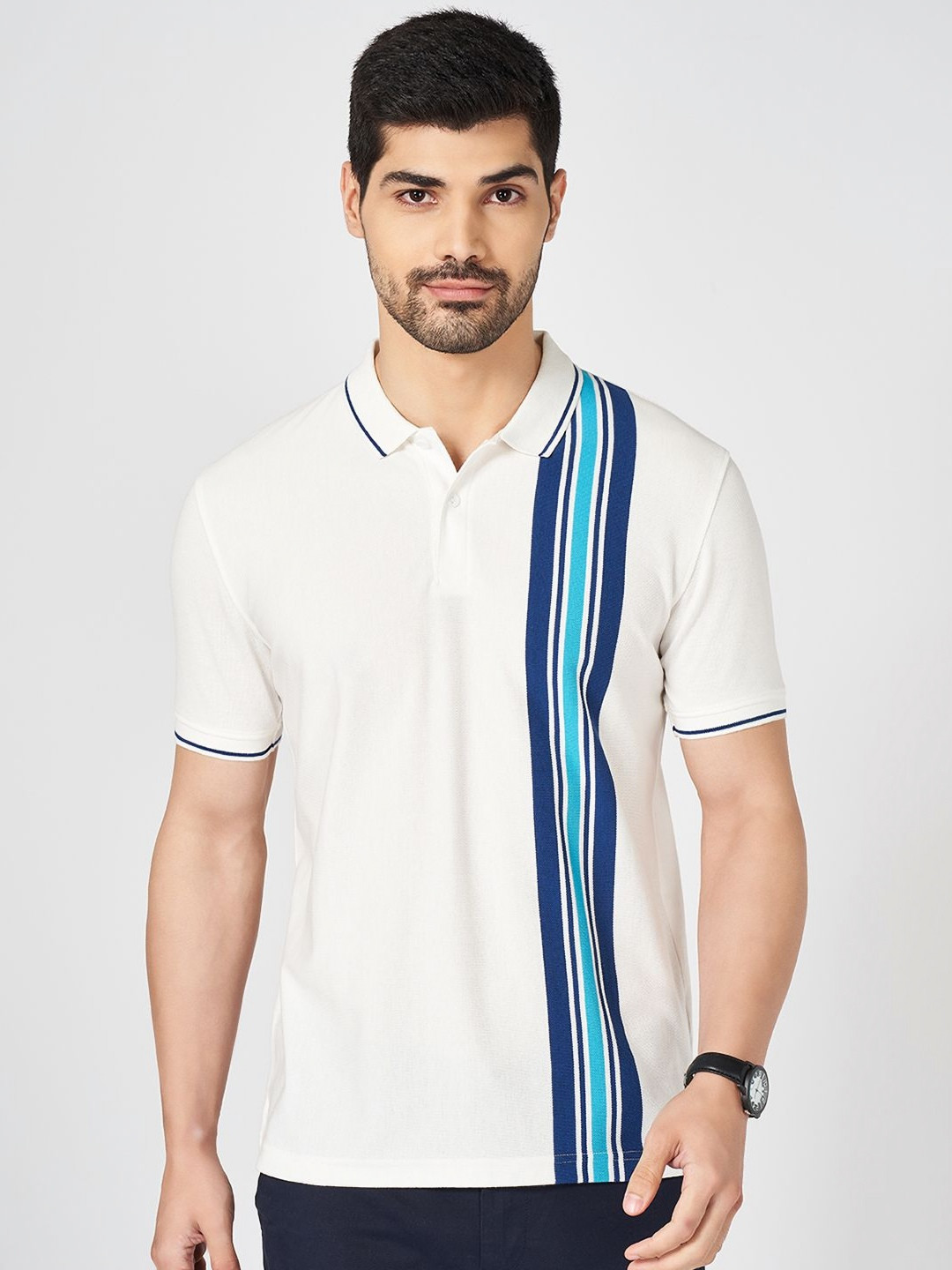 BYFORD by Pantaloons Men Striped Polo Collar Cotton Slim Fit T-shirt