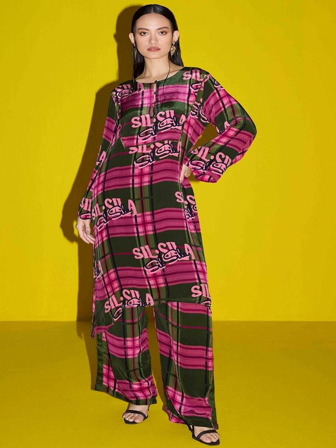 SIL SILA Checked Keyhole Neck Tunic With Palazzos