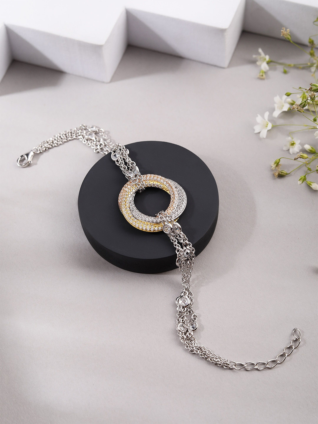 DIAVO 925 Sterling Silver Tri-Tone Hoops Cascade Link Bracelet