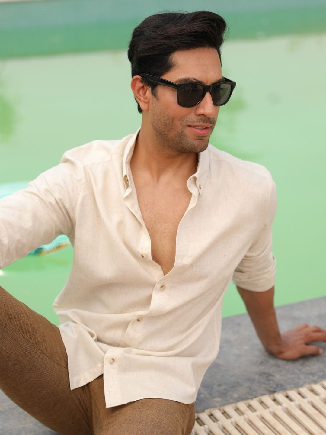 PERCH Men India Slim Button-Down Collar Solid Linen Blend Casual Shirt