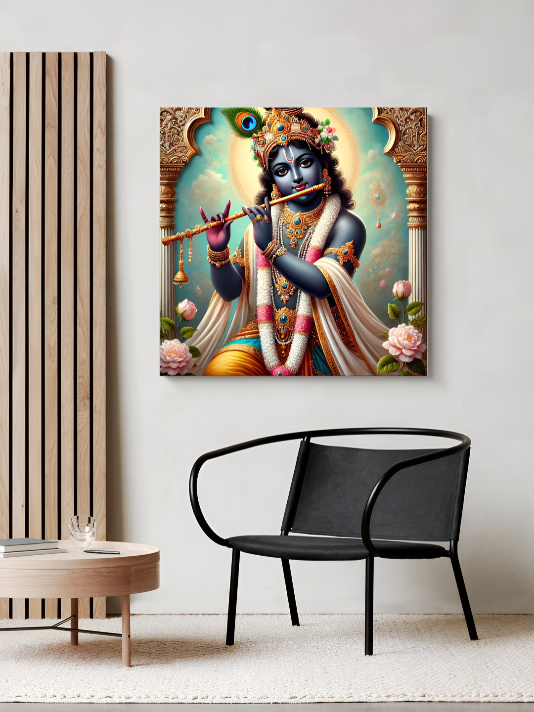 999Store Blue & White Lord Krishna With Flute Canvas Wall Art