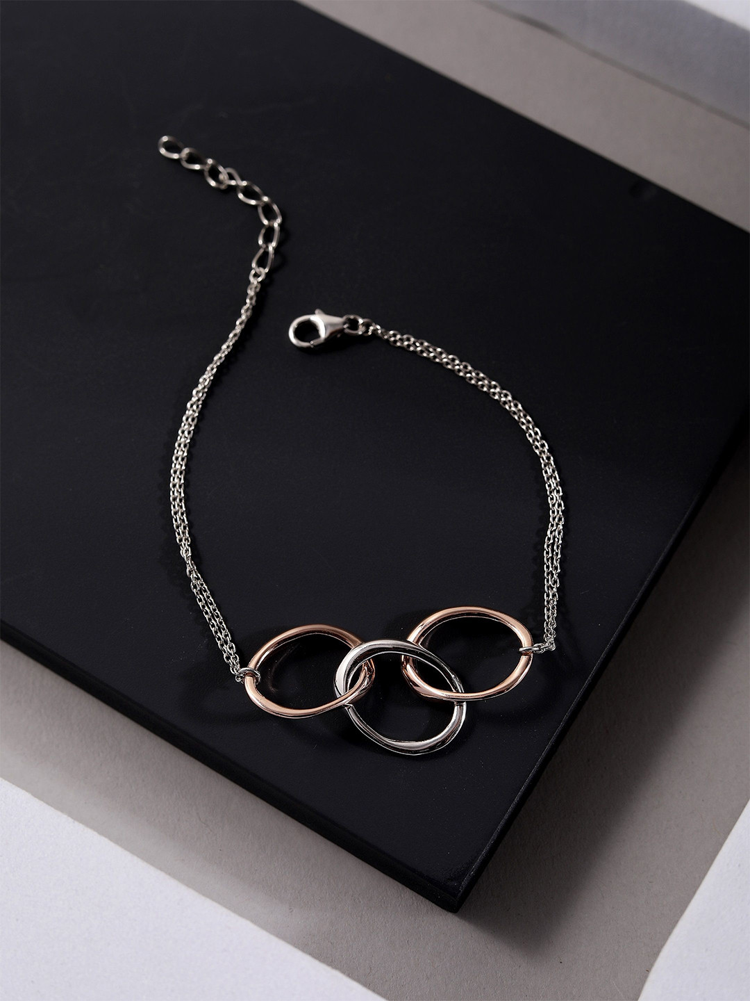 DIAVO 925 Sterling Silver Rose Gold-Plated Radiant Interlocking Hoops Link Bracelet