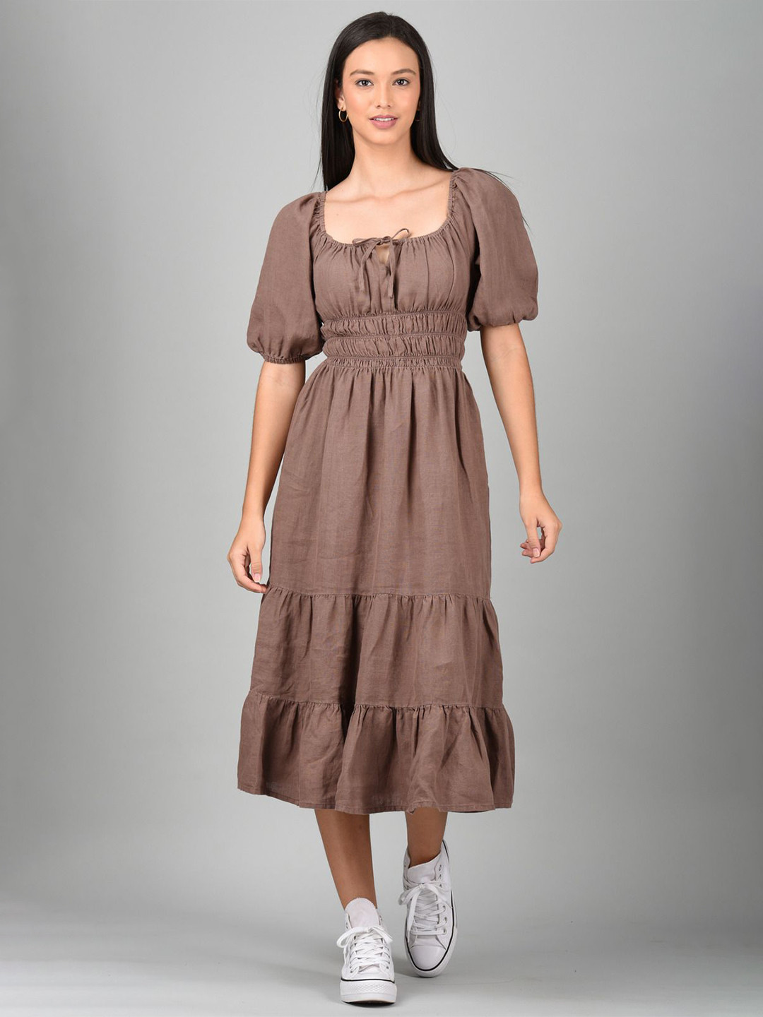 Linen Options Puff Sleeve Linen A-Line Midi Dress