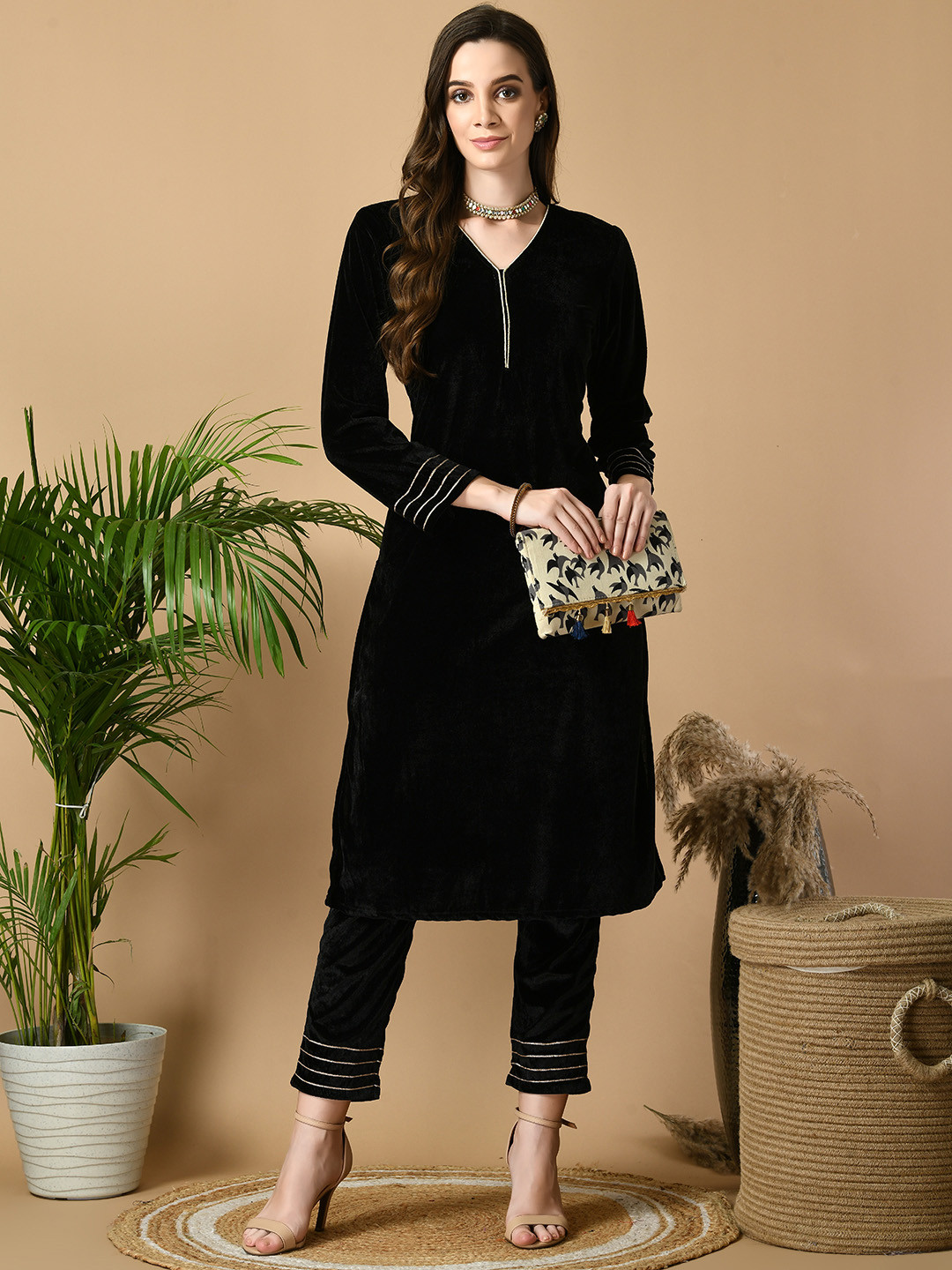 Sangria Black V-Neck Long Sleeves Velvet Straight Kurta With Trousers