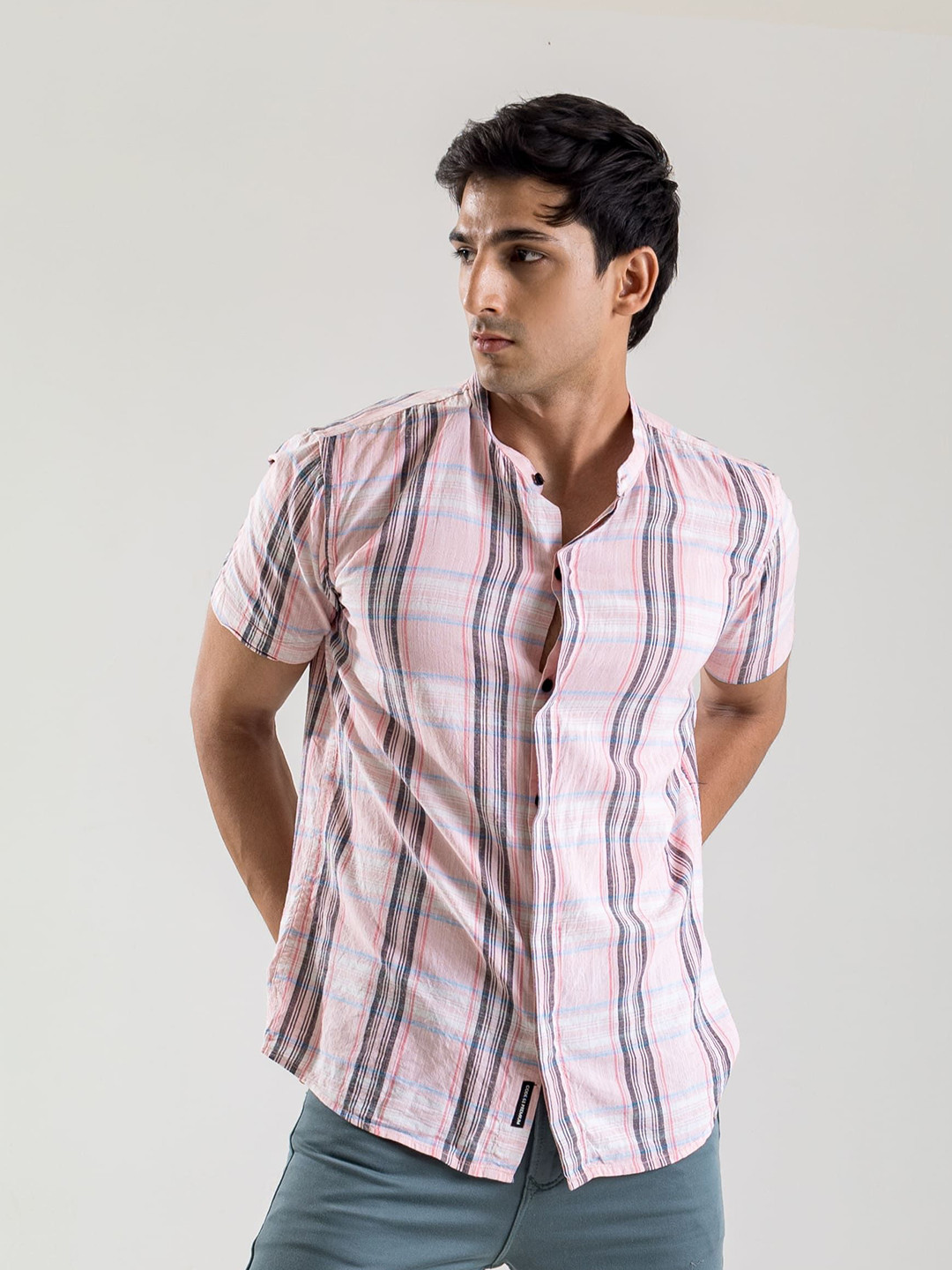 Code 61 Men Standard Mandarin Collar Shepherd Checked Cotton Slim Fit Casual Shirt