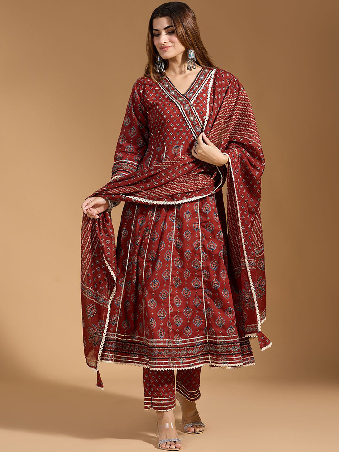 KAVINDI Floral Printe Gotta Patti Pure Cotton Anarkali Kurta With Trousers & Dupatta