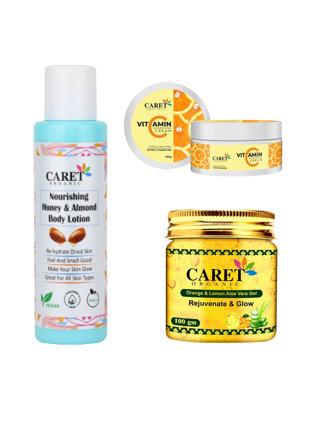 CARET ORGANIC Honey & Almond Body Lotion, Vitamin C Cream & Orange & Lemon Gel