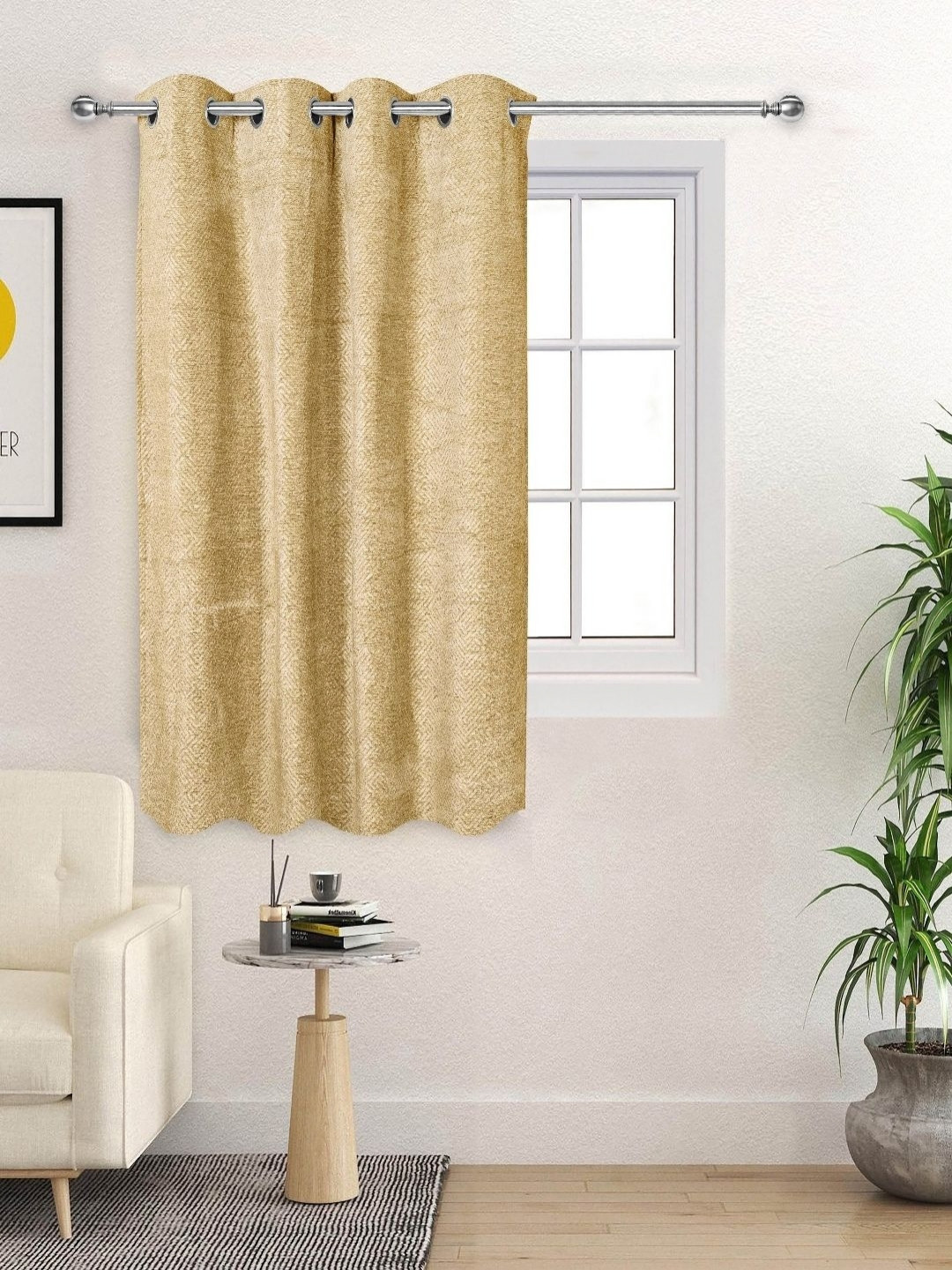 Saral Home Gold Toned Geometric Woven Design Black Out Window Curtain