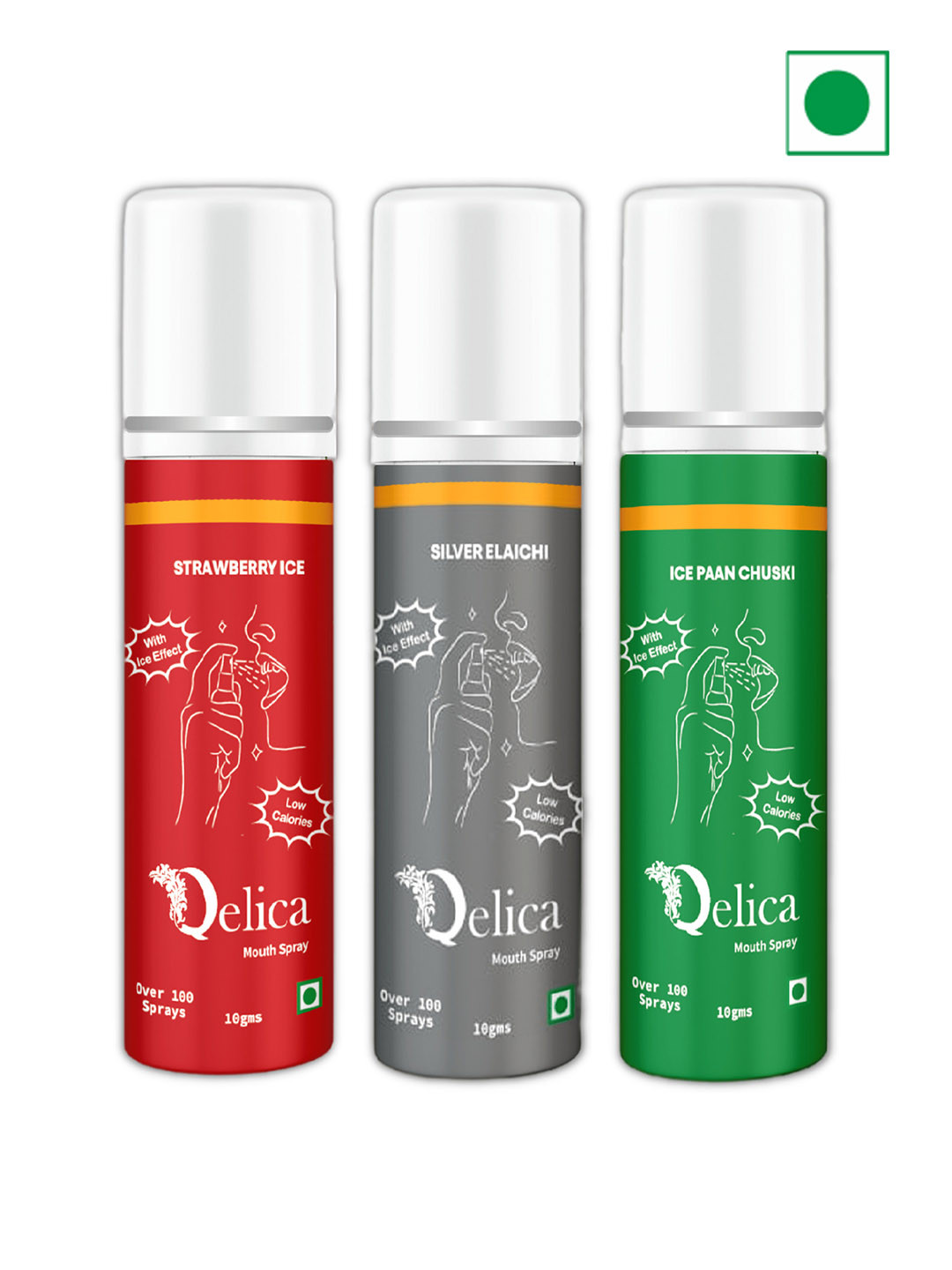 Qelica Set Of 3 Strawberry Splash Elaichi Bliss & Paan Burst Fresh Breath Spray-10g Each