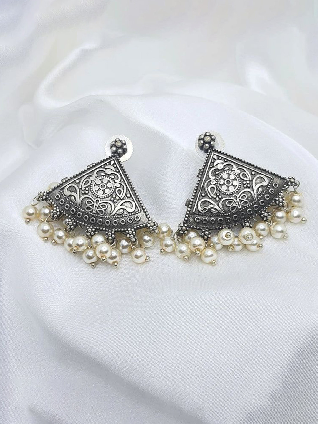 The Pari Silver Plated Triangular Oxidised Jhumkas