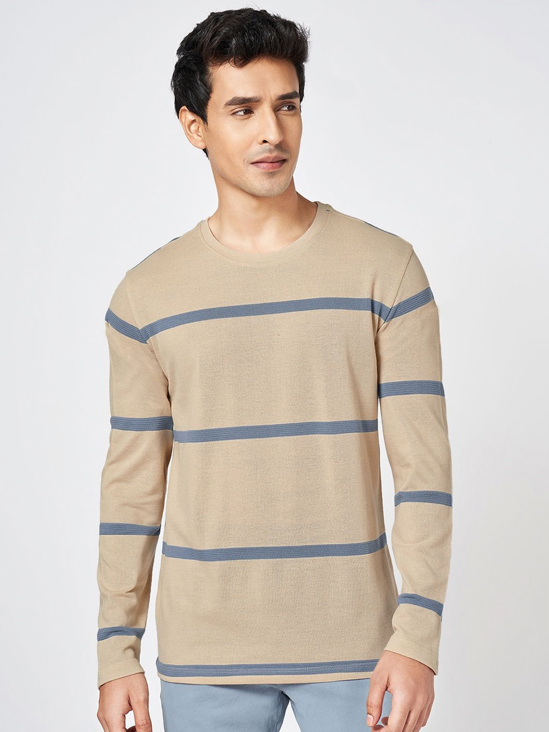 Urban Ranger by pantaloons Men Striped Round Neck Cotton Slim Fit T-shirt