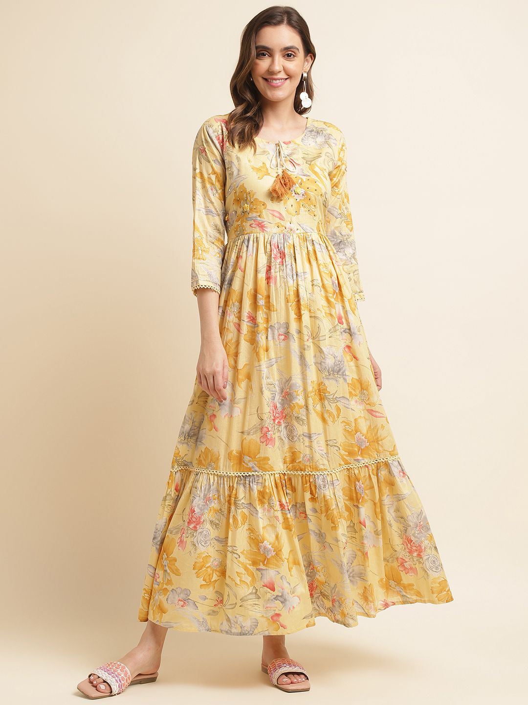 Sangria Women's Embroidered Printed Tie Up Neck Maxi Dresses