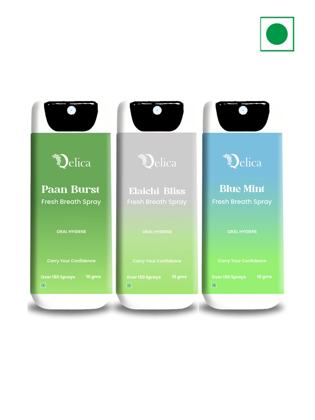 Qelica Set Of 3 Paan Burst, Elaichi Bliss & Blue Mint Fresh Breath Spray 10 g Each