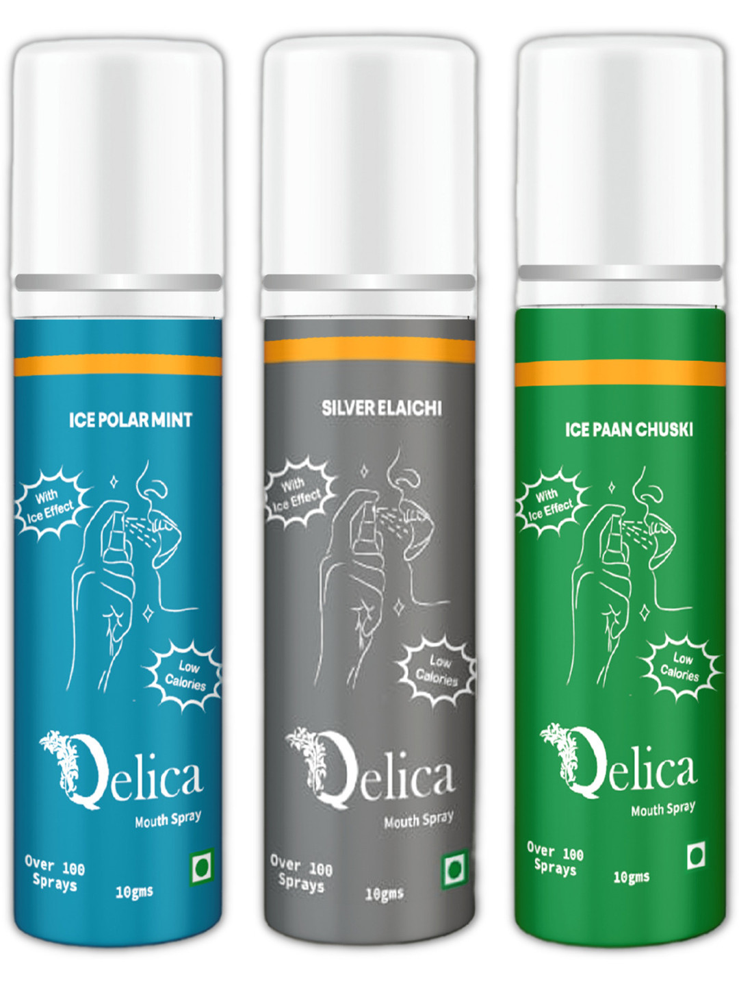 Qelica Set Of 3 Ice Polar Mint, SilverElaichi & PaanChuski Mouth Freshener Spray 10 g Each