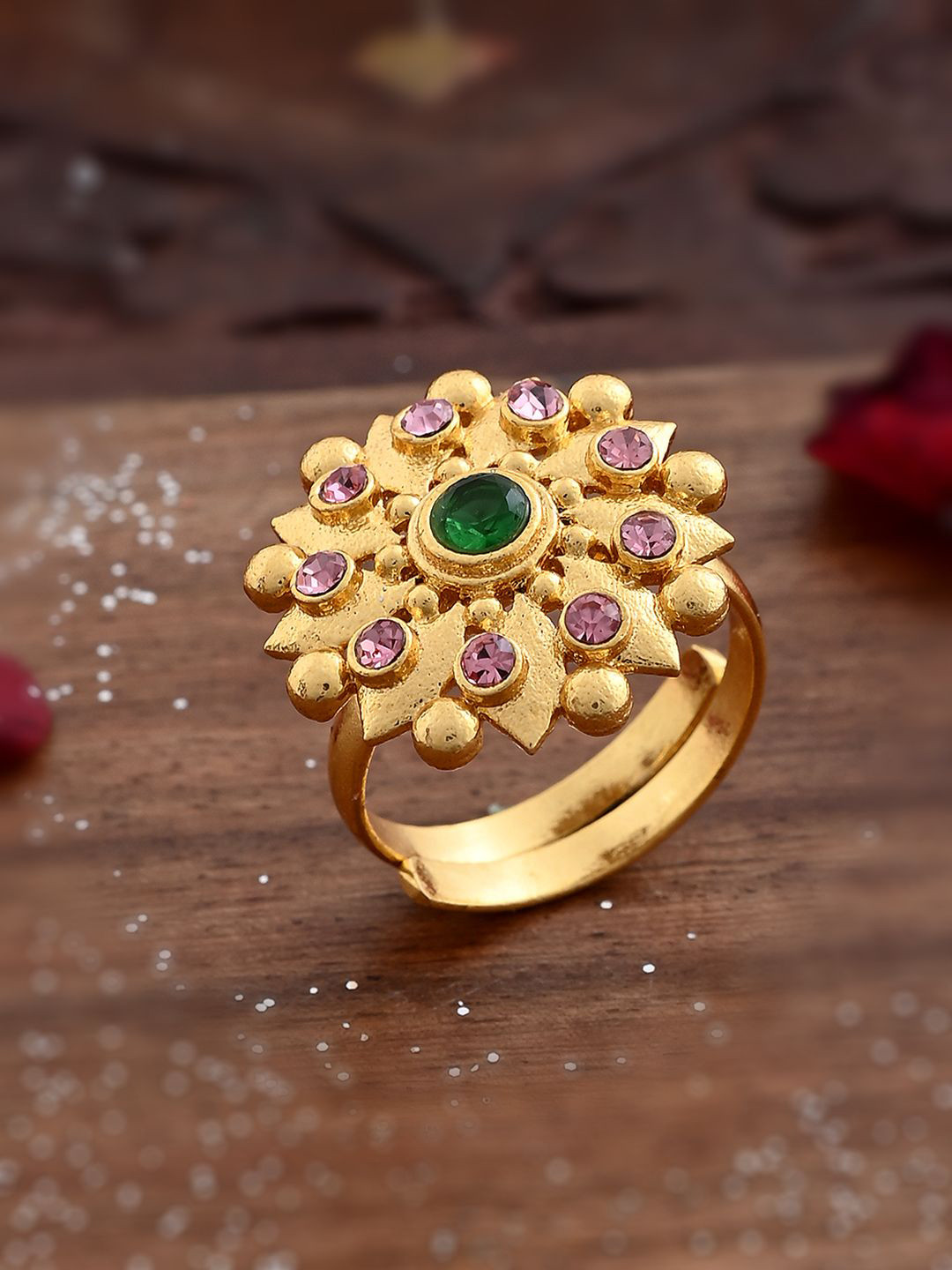 House of Pataudi Gold Plated Stones Studded Elegant Abharan Adjustable Finger Ring