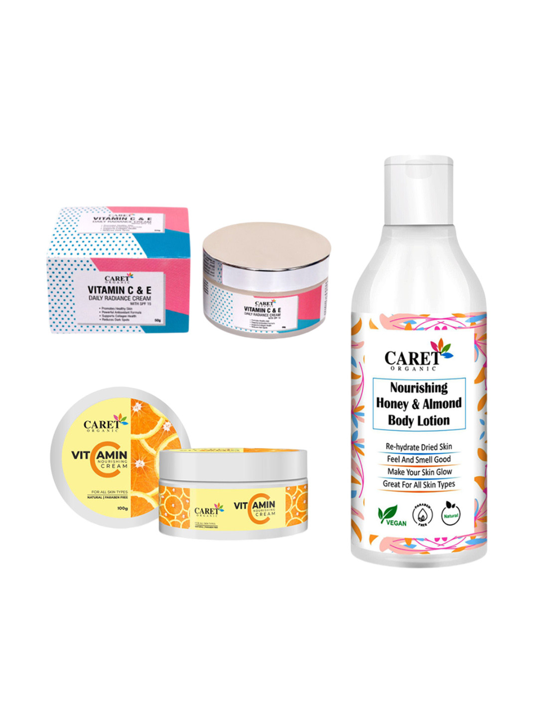 CARET ORGANIC Radiance Cream Vitamin C Cream & Honey & Almond Body Lotion Combo