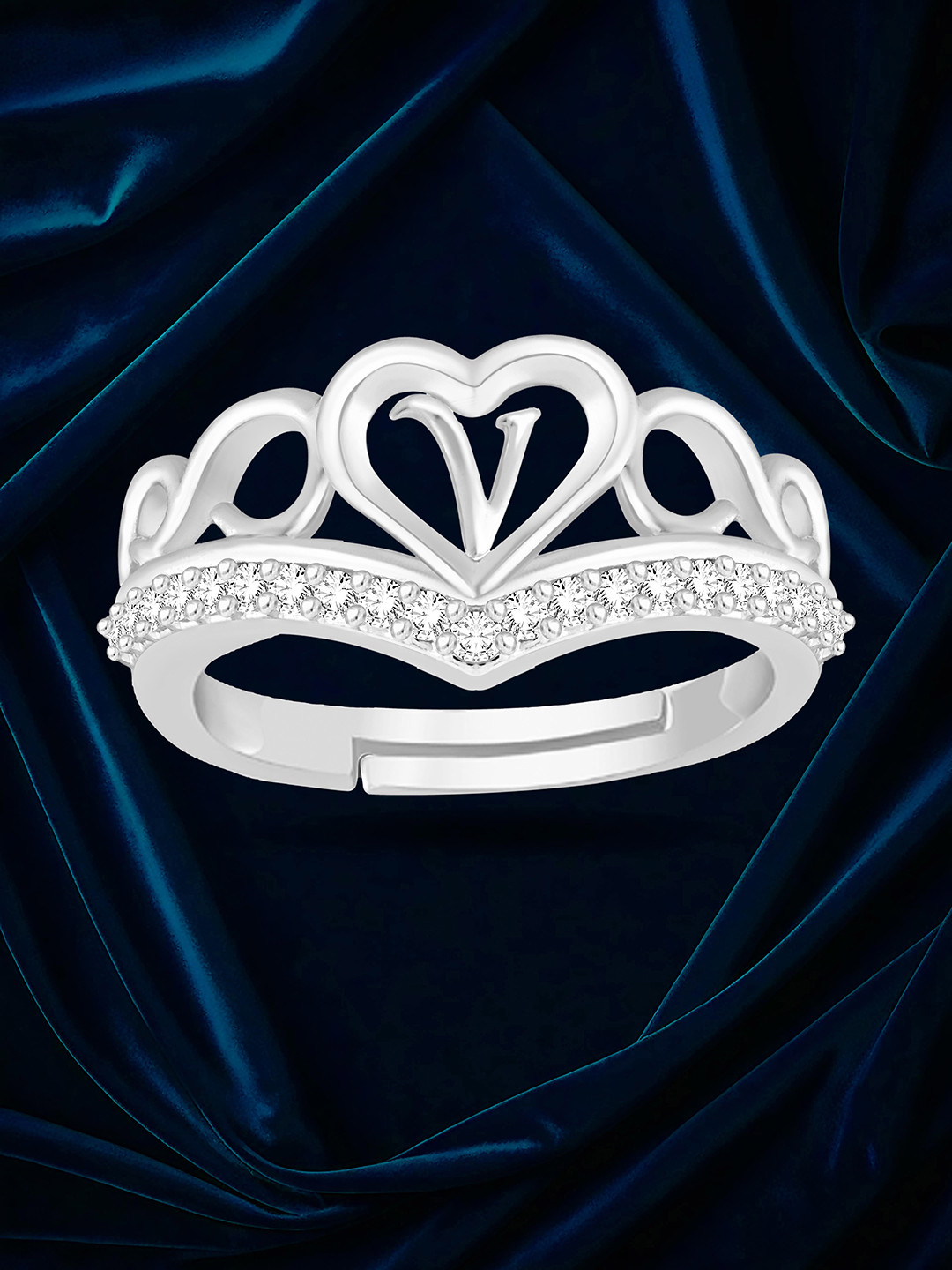 Heer Collection Silver-Plated Heart Alphabet 'V' Stone-Studded Adjustable Finger Ring