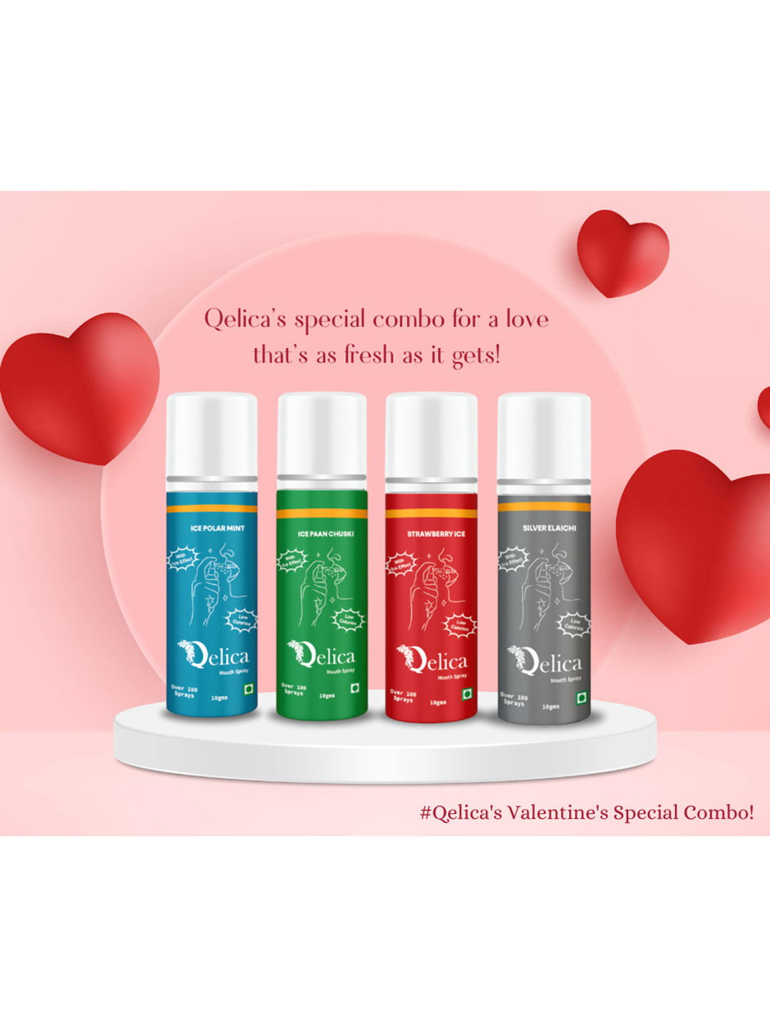 Qelica Set Of 4 Strawberry Paan Chuski Silver Elachi Polar Mint Fresh Spray-10g Each