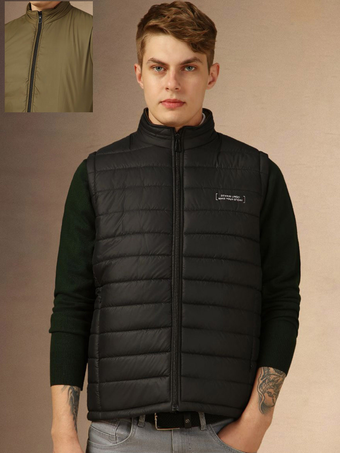Dennis Lingo Sleeveless Mock Collar Reversible Padded Jacket
