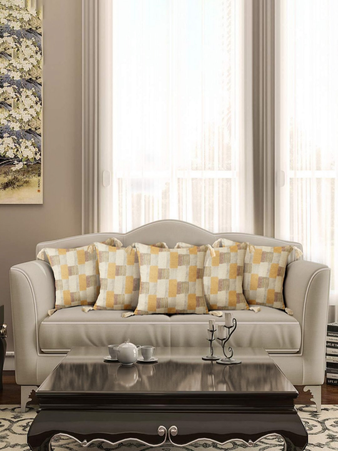 eyda Tasselled Geometric Poly Linen Washable 5 Pcs Square Cushion Covers -16x16In