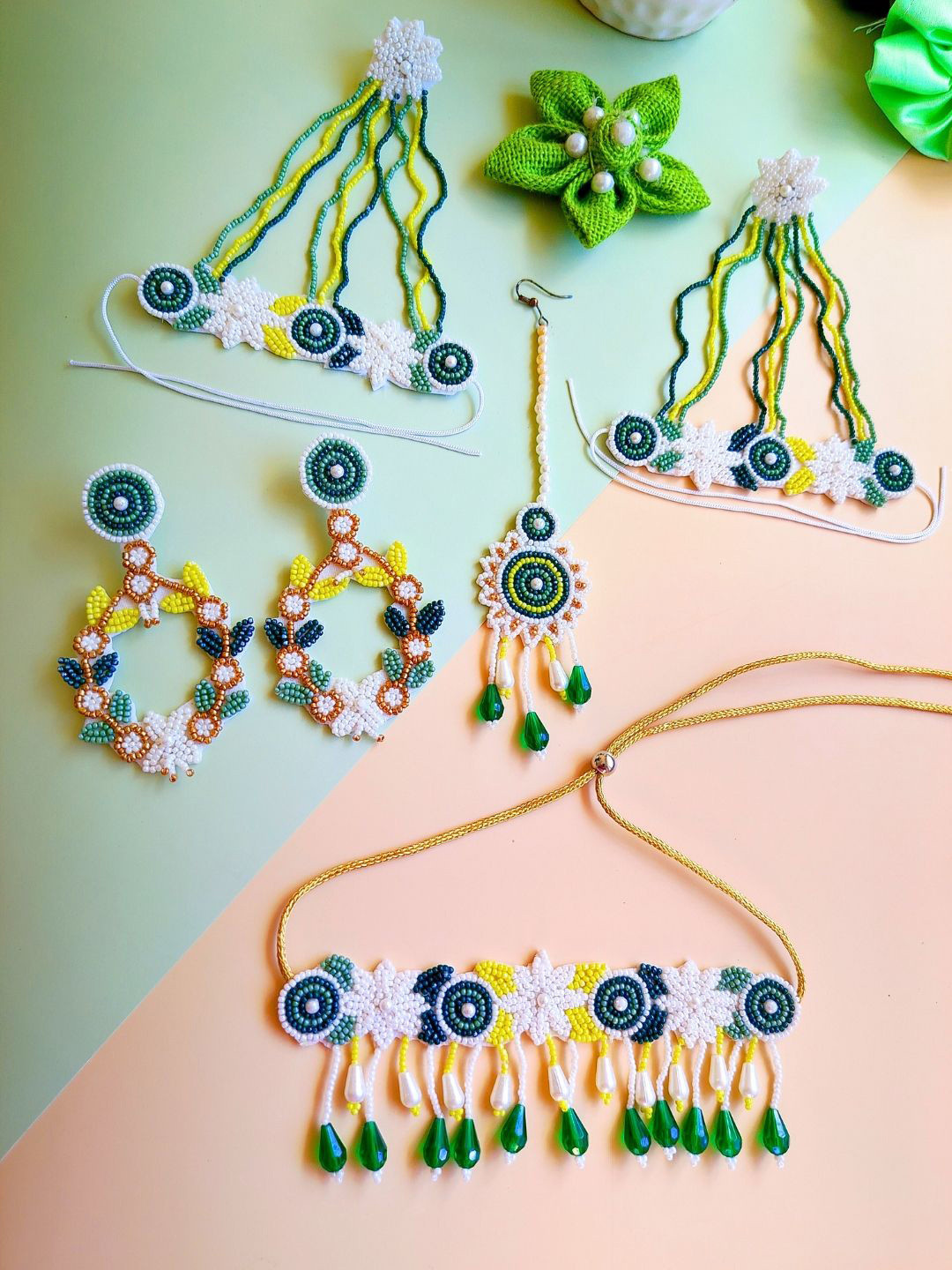 Sangria Green Gold-Plated Stone Studded & Floral Beaded Boho Jewellery Set